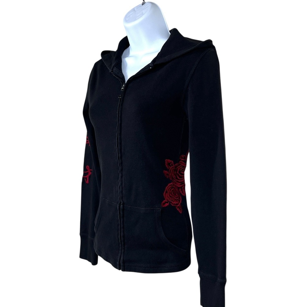 Vtg Lucky Brand Embroidered Roses Full Zip Hoodie Sz S Slim Fit Black Stretch - Picture 6 of 8